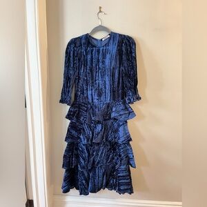 Batsheva Royal Blue Crushed Velvet Dress Tiered Ruffle Midi Dress